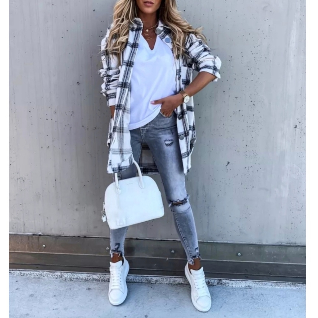 New Boho Chic Oversized Plaid Flannel Button Up Shacket Jacket Shirt Black White